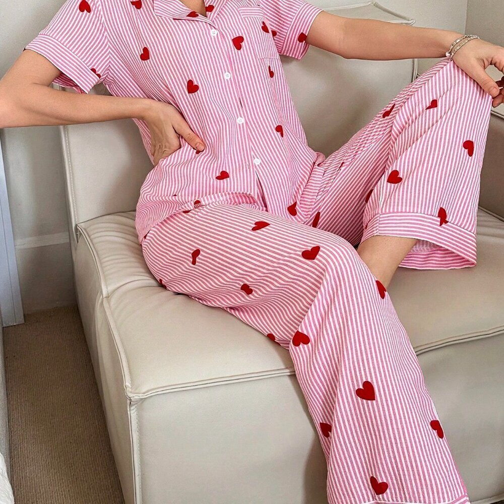 Pink Romantic Women's Valentine's Day Stripe & Heart Print Lapel Pajamas - Picture 1 of 6